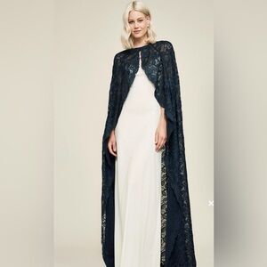 Tadashi shoji lace cape floral flowers navy blue M L medium large